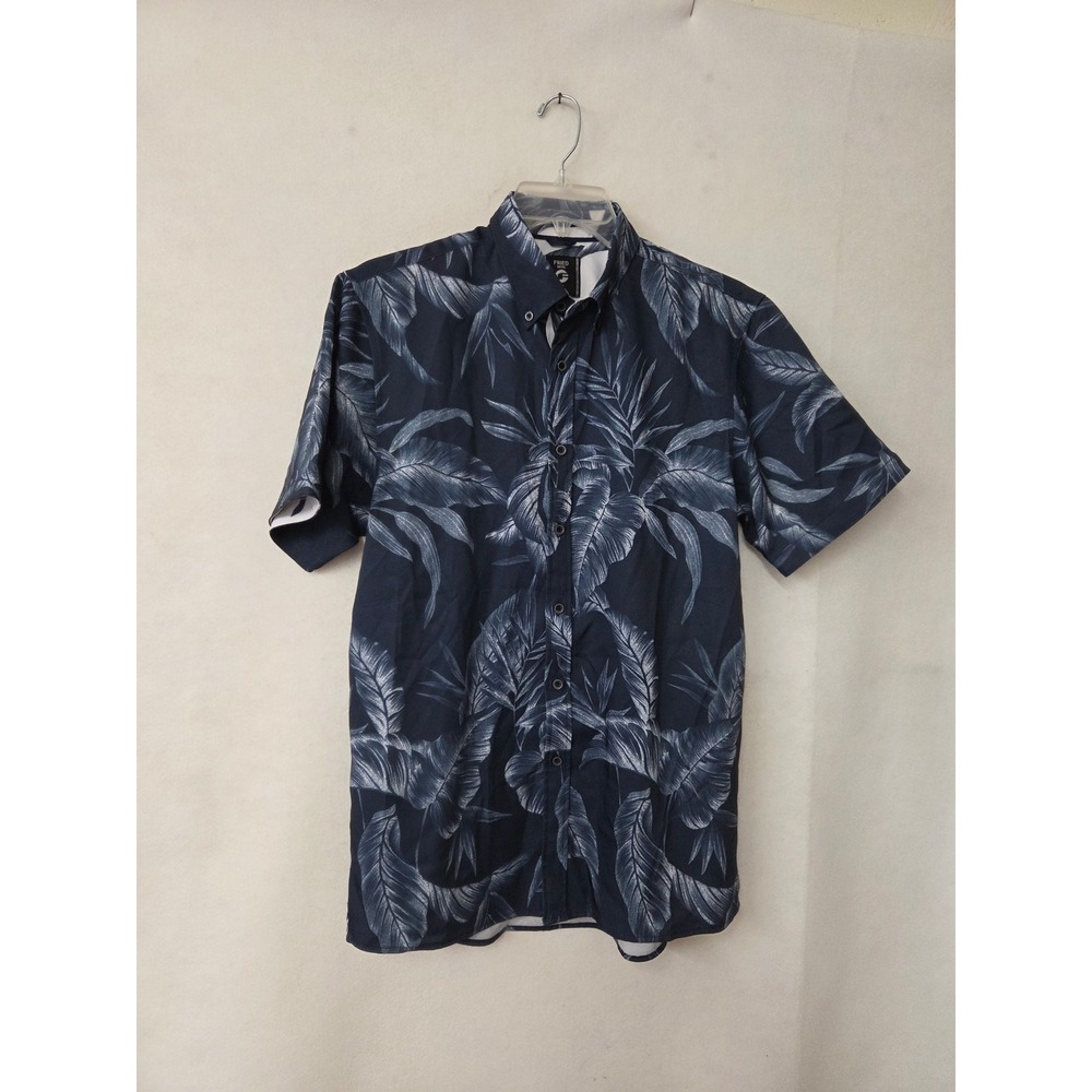 Fried Denim Button Down Shirt Mens Large Navy Blue‎ Tropical Leaf Slim Fit Beach